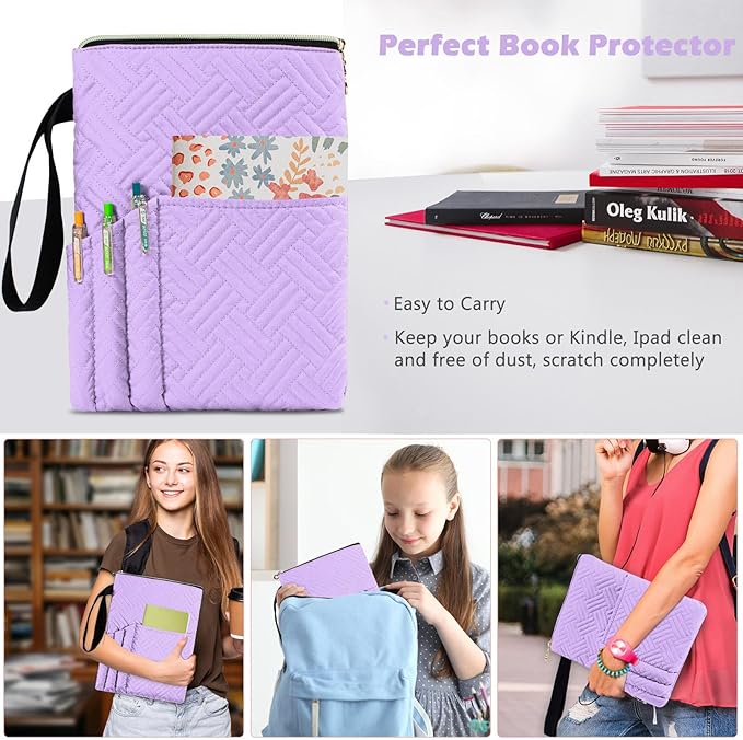 Book Sleeve with Zipper, 11"X9" Padded Book Protector, Washable Quilted Book Covers for Paperbacks, Book Pouch with Pockets for Book Lover Gifts