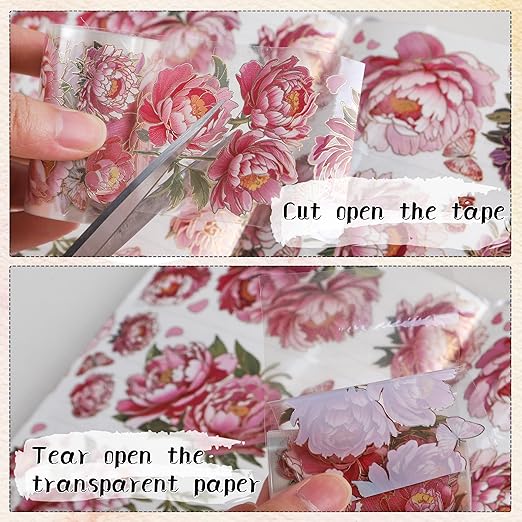 PET Tapes - Pink Flower Scrapbook Supplies, Transparent Floral Tapes for Junk Journal Planner