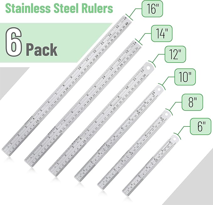 Mr. Pen- Stainless Steel Ruler, 6 pcs, 6", 8", 10", 12", 14", 16", Metric Metal Ruler Set, mm Ruler, Metal Rulers, Long Ruler, Small Metal Ruler Metal Straight Edge, Steel Straight Edge