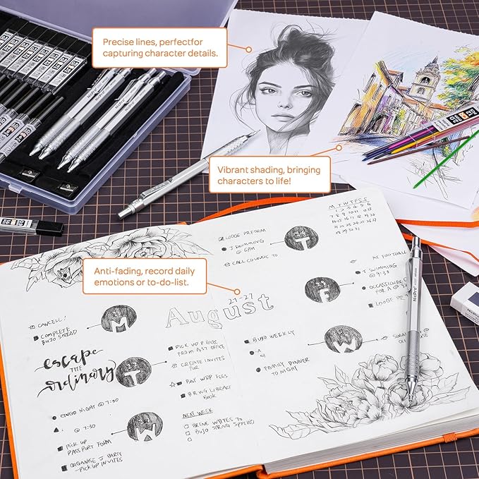 Nicpro 35PCS Black Metal Mechanical Pencils Set in Case, Art Drafting Pencil 0.5, 0.7, 0.9 mm & 3PCS 2mm Graphite Lead Holder for Drawing Sketching With 20 Tube Lead Refills(6B 4B 2B HB 2H 4H Colors)