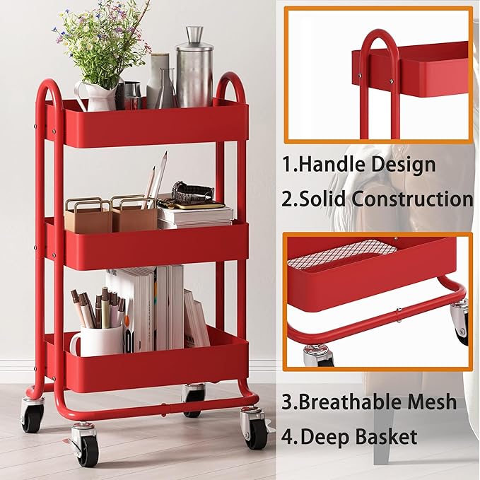 3-Tier Red Utility Rolling Cart,Kitchen Storage Carts with Wheels,Red Metal Rolling Cart for Office,Home,Kitchen,Garden（13.4"x18.1"x31"） Red