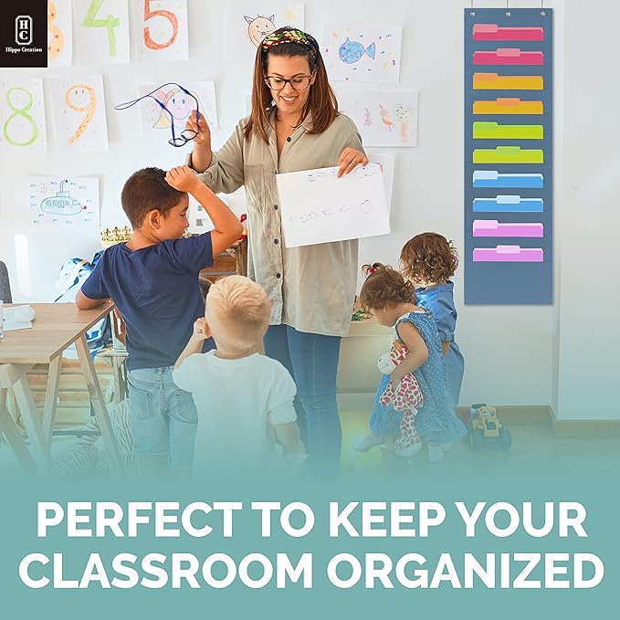 Hippo Creation Blue Pocket Chart for Classroom - 10 Pocket Storage Black Pocket Charts, 3 Over Door Hangers Included, Hanging Wall File Organizer for File Folders, School Mailbox, Home/Office Papers