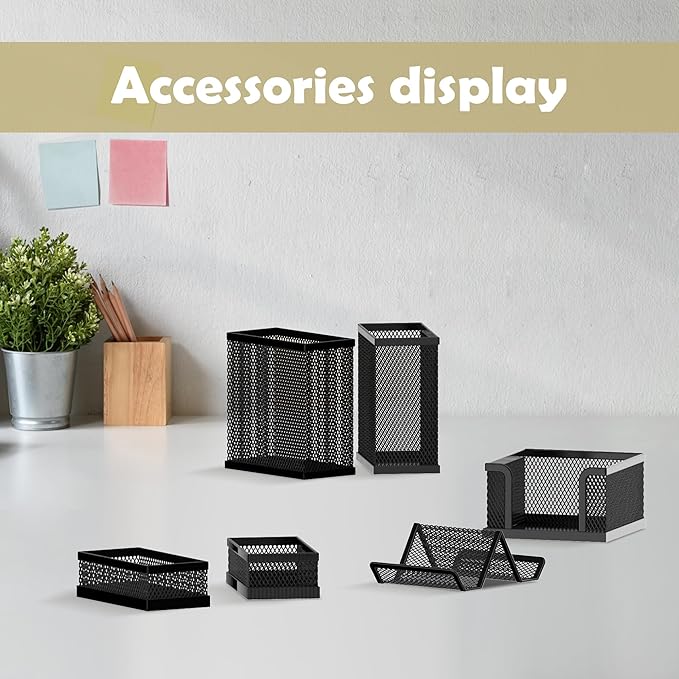 SUPEASY Pen Holder for Desk, 6 Piece Mesh Desk Organizer set, Desk Accessories for Office Organization with Mail Organizer, Letter Phone Holder, Sticky Notes Caddy Storage, Black