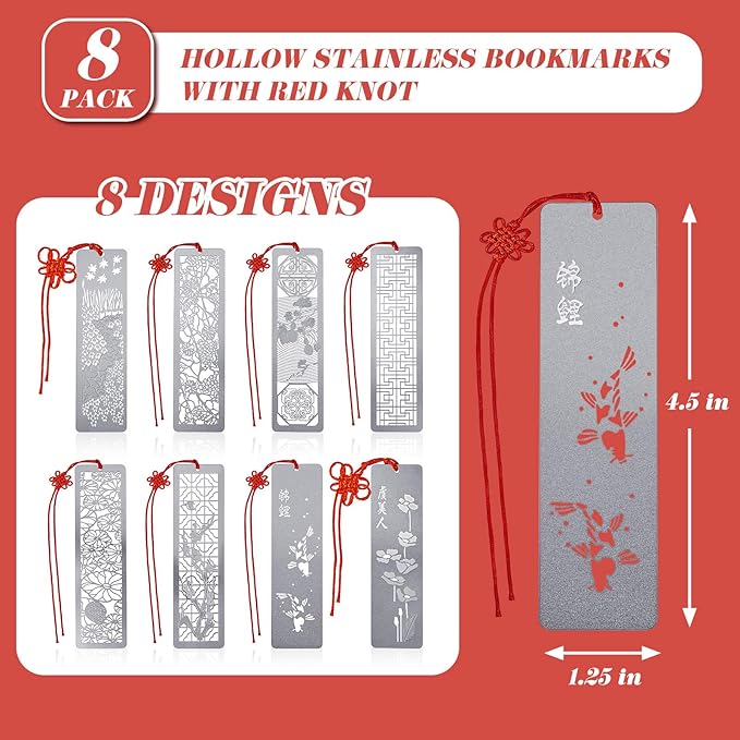 Outus 8 Pieces Hollow Art Metal Bookmarks for Wedding Men Teachers Employee Appreciation Gift Stainless Steel Bookmarks with Red Knot Theme Bookmarks for Book Reading Presents, 4.5 x 1.25 Inch