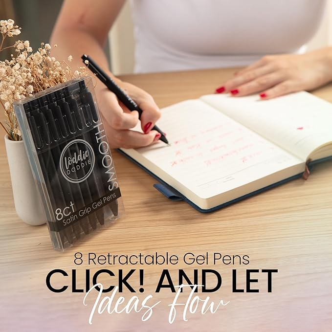 Loddie Doddie Gel Pens for Journaling & Note Taking - Black 8-Pack, 0.7 mm Medium Point, Smooth Writing, No Smudge, No Bleed Retractable Pens