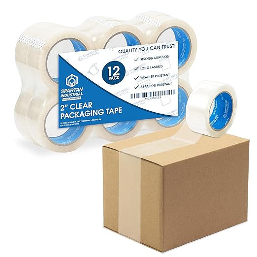 Spartan Industrial - 2" X 60 yd Clear Shipping Tape Rolls - 12 Rolls of Heavy Duty Box Tape for Moving, Packing, Shipping, Storage - 2.7 Mil