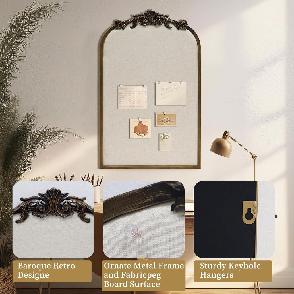 Arch Fabric Pinboard, Antique Gold Bulletin Boards 19"x31", Vintage Cork Board with Ornate Iron Frame for Wall Unique Display, Organization and Decor Options