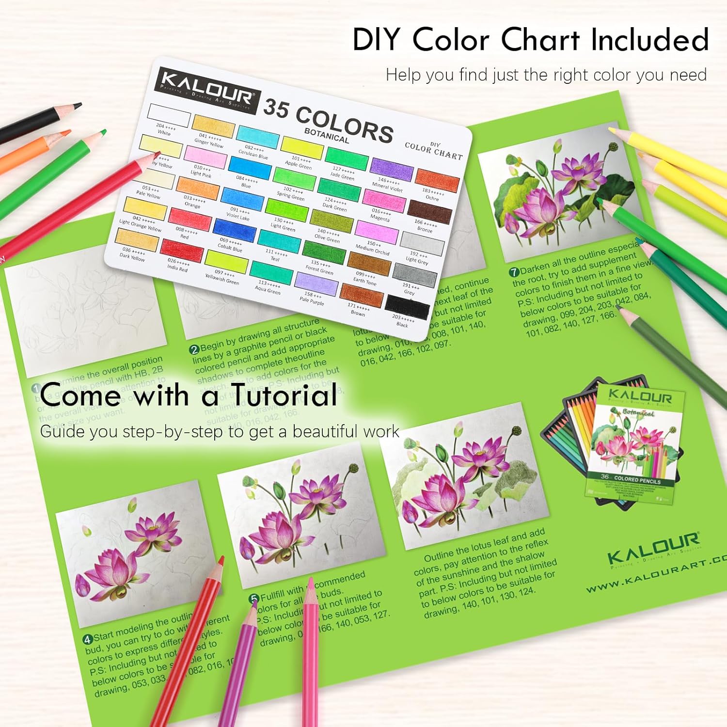 KALOUR PDAS 36-piece Green Botanical Colored Pencil Set, Pre-sharpened Wooden Colored Pencils for Adults Artists Beginners Coloring Books Drawing & Sketching