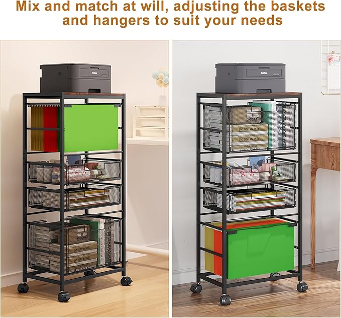 EasyPAG Rolling File Cart with Wheels Letter & Legal Size Hanging File Folder Rack Mobile File Folder Rack with Pull-Out Drawer for Home Office, Black