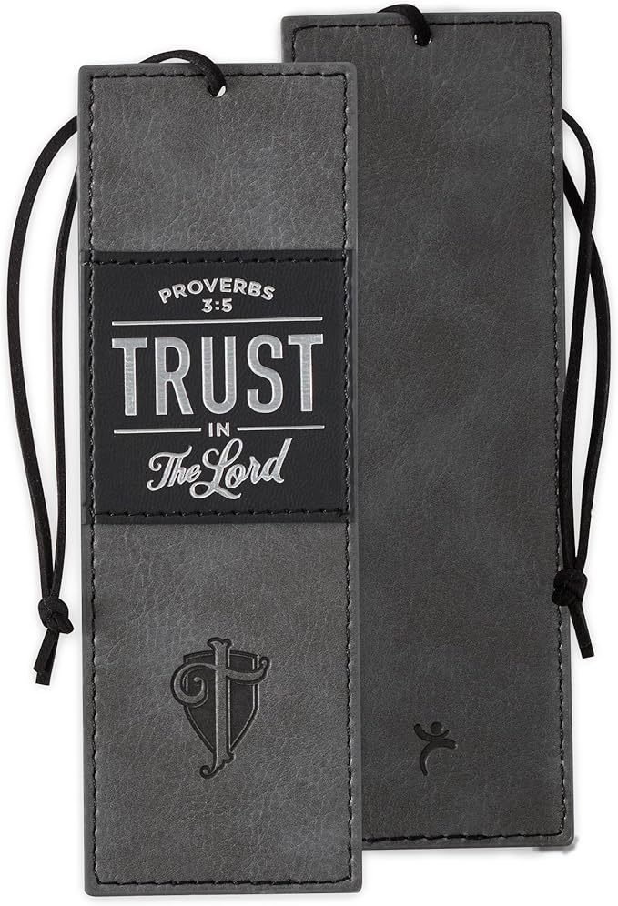 Christian Art Gifts Black Charcoal Gray Faux Leather Bookmark for Men: Trust in the Lord - Proverbs 3:5 Inspiring Bible Verse, Heat-debossed w/Silver Foil Accents Cross, Shield and Sturdy Leather Cord