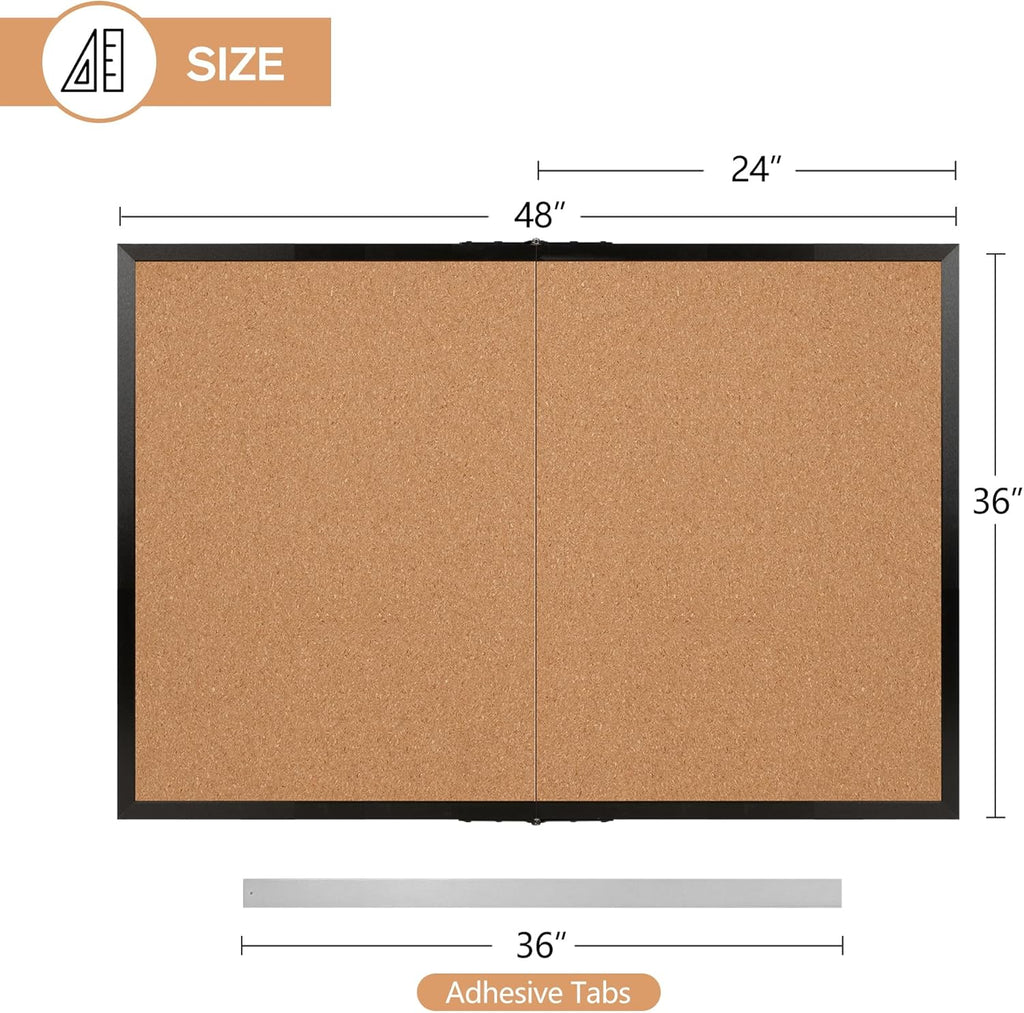 Board2by Cork Board Bulletin Board 36 x 48, Black Wood Framed 4x3 Corkboard, Foldable Office Board for Wall Decor, Large Wall Mounted Notice Pin Board with 36 Push Pins for School, Home & Office