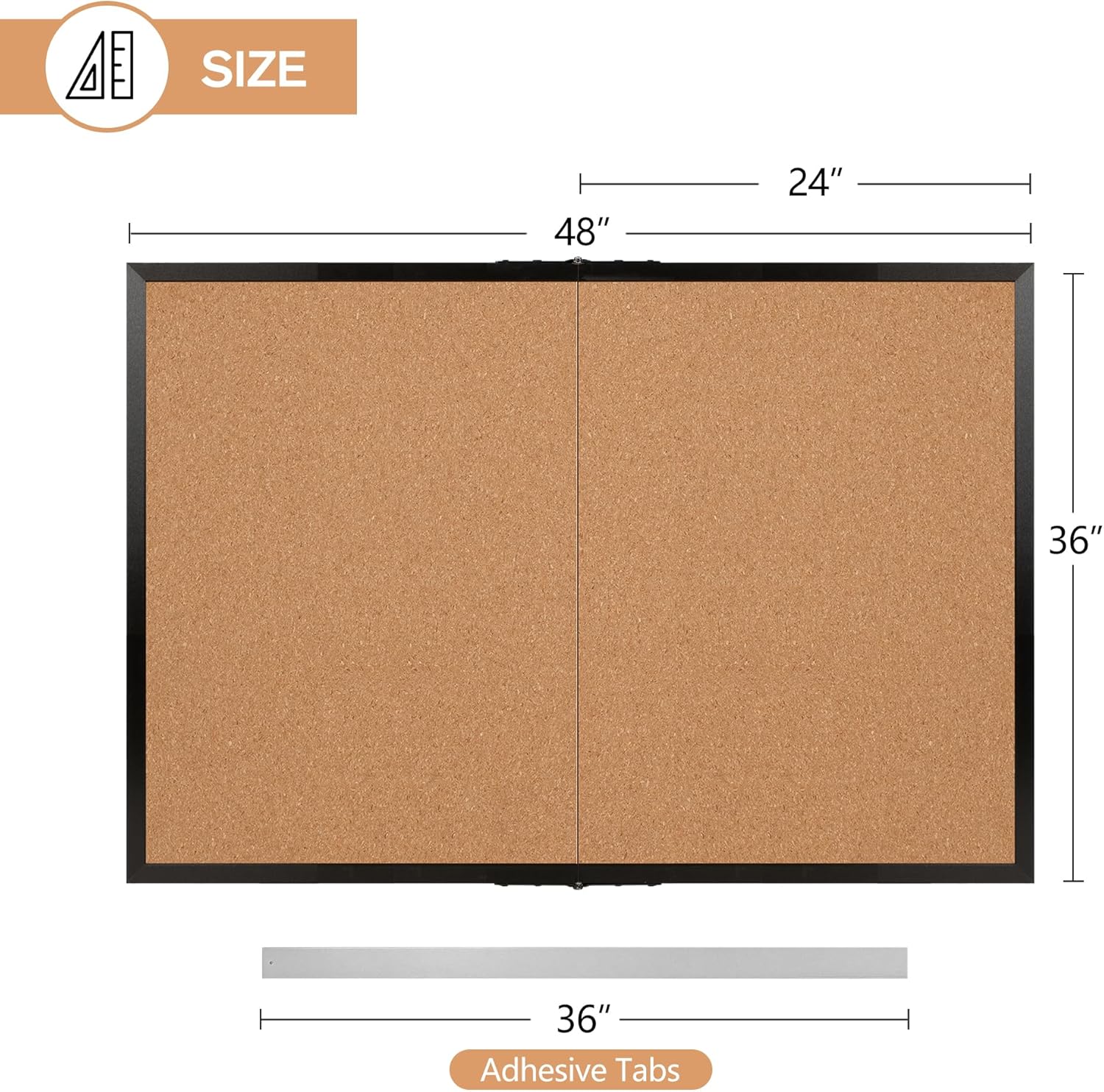 Board2by Cork Board Bulletin Board 36 x 48, Black Wood Framed 4x3 Corkboard, Foldable Office Board for Wall Decor, Large Wall Mounted Notice Pin Board with 36 Push Pins for School, Home & Office