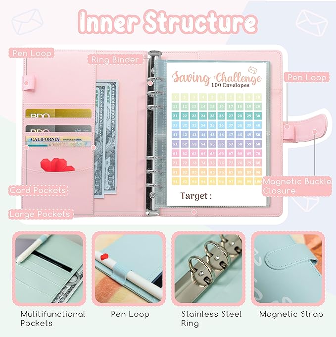 Axolotl 100 Envelopes Money Saving Challenge Binder, A5 Savings Budget Challenges Binders with Cash Envelopes, 100 Days Envelope Saving Binder Book, Budget Planner (Laser Silver)