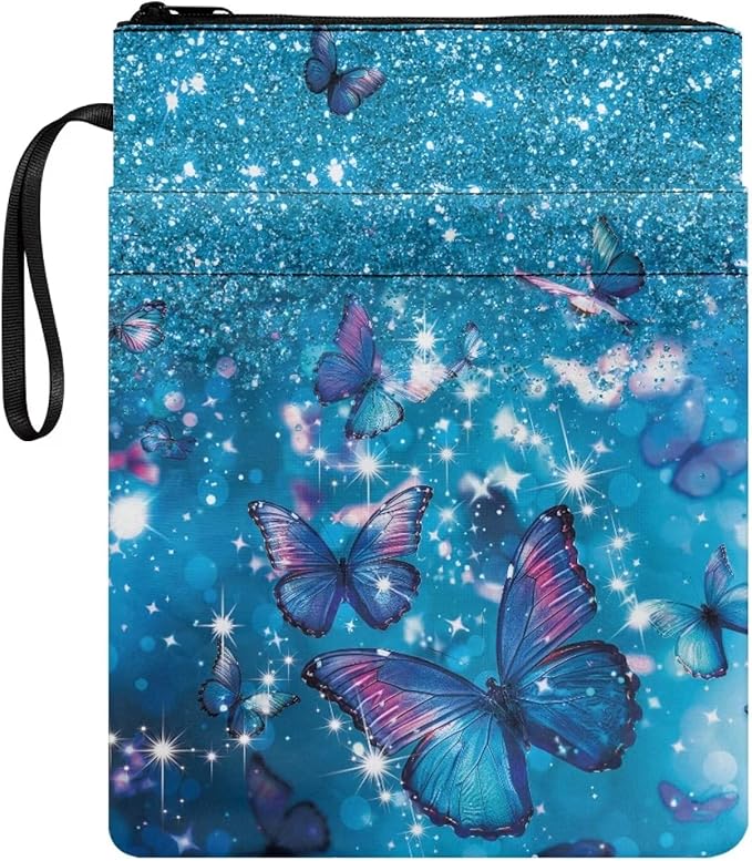 COEQINE Bling Butterfly Book Sleeve for Book Lovers Teens Girls Blue Covers Pouch for Paperbacks with Zipper Front Pocket Chain