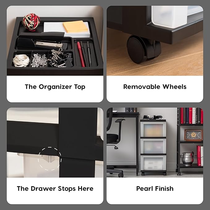 IRIS USA Plastic Drawer Storage Organizer Rolling Cart, with Wheels Casters, 3-Drawers, for Classroom Art Craft Supplies Dresser Closet Bathroom Dorm Bedroom Laundry Room, Black/ Pearl