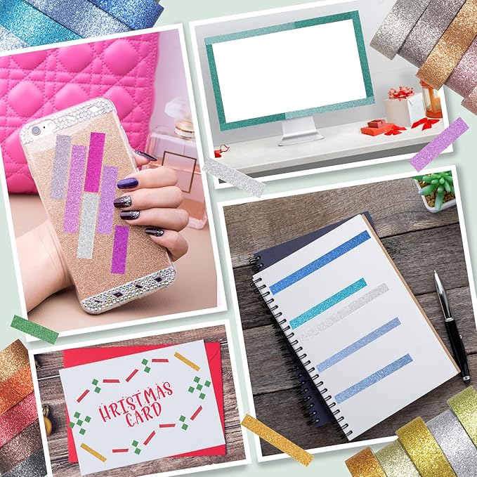 Eaasty 30 Rolls Glitter Washi Tape Colored 66 Yard Rainbow Metallic Tape Decorative Adhesive for Art Scrapbook DIY Craft Projects Gift Wrapping Decor