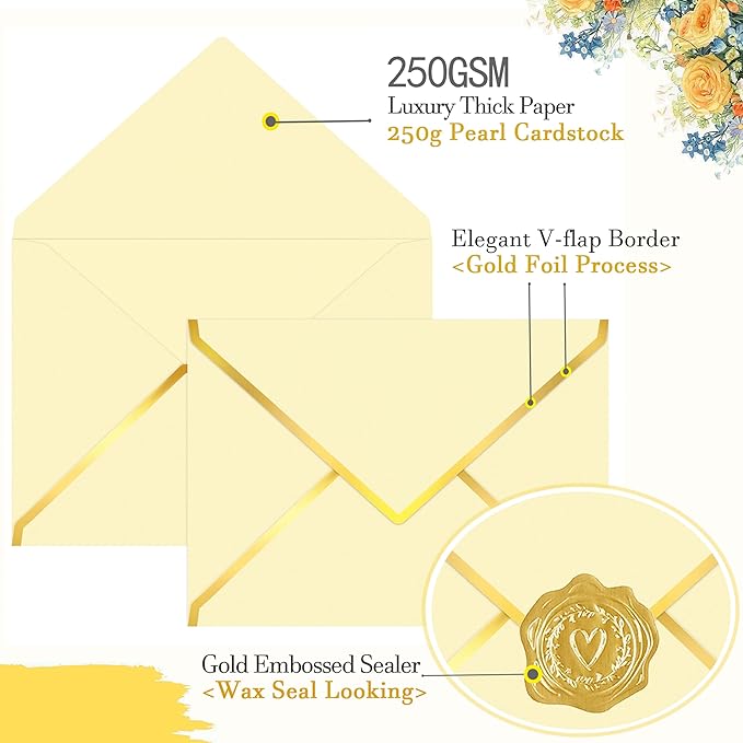 60 Pack Gold Envelopes 5x7 Bulk, 250G Pearled Cardstock A7 Envelopes for Invitations Business Mailing Envelope with Gold Foil Border, A6 4x6 Envelopes for Wedding Baby Shower Cards (Gold)