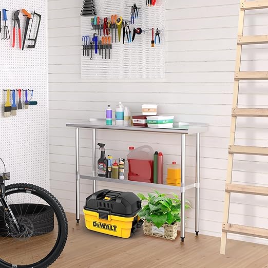 Stainless Steel Table 14 x 48 Inches Metal Prep Table with Backsplash & Adjustable Undershelf for Commercial Kitchen, Outdoor, Restaurant, Hotel & Garage