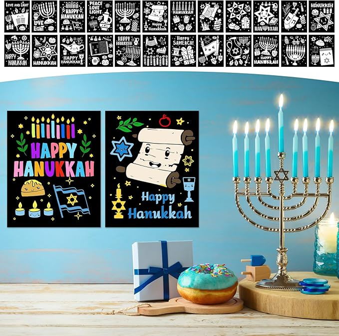 Zhanmai 48 Pcs Color Your Own Fuzzy Hanukkah Posters Happy Hanukkah Fuzzy Velvet Coloring Posters DIY Felt Craft Coloring Posters Crafts for Chanukah Home Holiday Party Activities