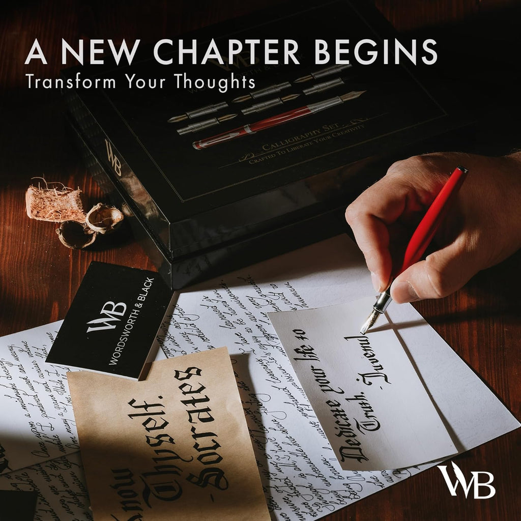 Wordsworth & Black Calligraphy Pen Gift Set, Includes Bottle, 6 Cartridges, Refill Converter, 6 Replacement Nibs, Premium Package, Journaling, Smooth Writing Pens [Red Chrome]