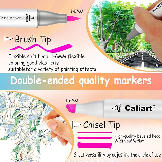 Caliart 18 Colors Brush & Chisel Permanent Alcohol Markers, Dual Tip Artist Sketch Art Markers Set for Adult Coloring Book, Aesthetic Cute School Supplies, Pens for Drawing Coloring Illustrations