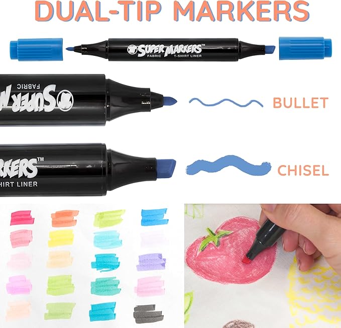 Super Markers 20 Unique Pastel Colors Dual Tip Fabric & T-Shirt Marker Set - Double-Ended Fabric Markers with Chisel Point and Fine Point Tips - 20 Permanent Ink Vibrant and Bold Colors