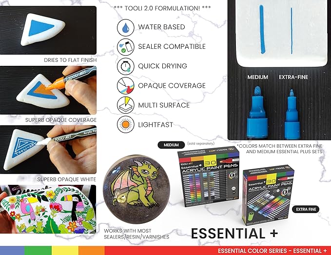 TOOLI-ART Acrylic Paint Pens Assorted Vibrant Markers for Rock Painting, Canvas, Glass, Mugs, Wood, Fabric, Metal, Ceramics. Non Toxic, Quick Dry, Multi-Surface, Lightfast (EXTRA FINE)