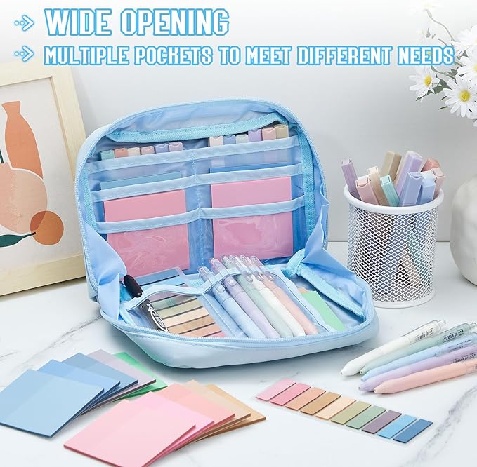 Jutom 39 Pcs Aesthetic Book Annotation Kit Pencil Case Bag with Highlighter Gel Pen 700 Sheets Transparent Sticky Notes Pads Index Tab Bible Study Supplies for School(Blue,Kawaii Style)