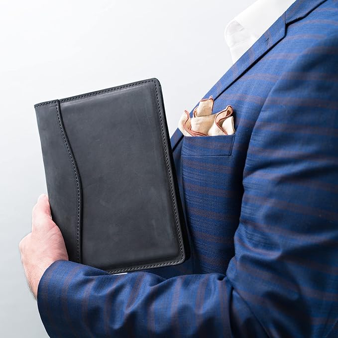 PEGAI Handmade 100% Leather Padfolio | Junior Legal Pad Folder Organizer for Business School Office Conference | Resume Interview Document Organizer Folio | Eriksen (Charcoal Black)