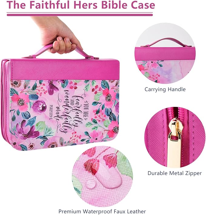 Bible Covers Case for Women Large Leather Bible Carrying Cases Holder Pink 10.8"x7.8"x2" Floral Bible Carrier Tote Bags with Bookmarks Handles Pockets Christian Study Bible Book Gifts