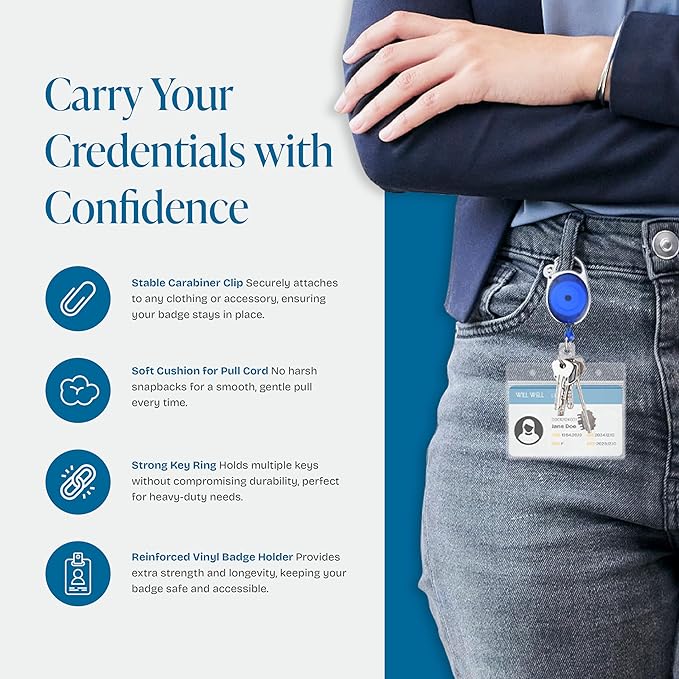 Will Well ID Badge Holders with Clip and Keyring - Horizontal Clear Plastic 3.7" x 2.5" Sleeves Fit Up to 3 Cards - Retractable 24" UHMWPE Fiber Pull Cords - 2-Pack, Transparent Blue Reels