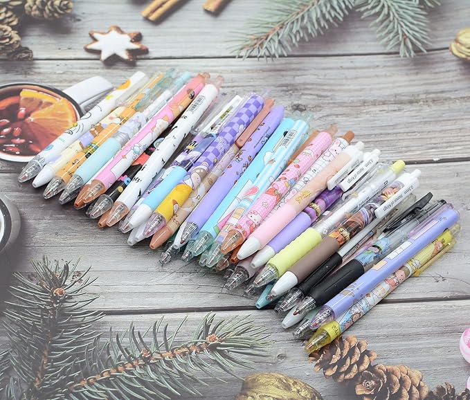 YIKANGHENG 50 Pcs Fine Point Cute Pens With a Pen Holder, 0.5mm 50 Different Random Styles Black Ink Kawaii Gel Pens for Office, Study, Gift and Home Supplies (50)