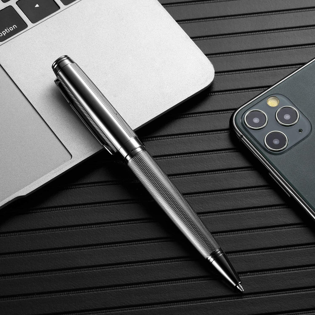 Ballpoint Pen with Gift Box for Men Women,Luxury Stainless Steel Retractable Pen Executive Home Office Use, and 2 Extra Refills Black Ink 1.0mm B2 (full gray)