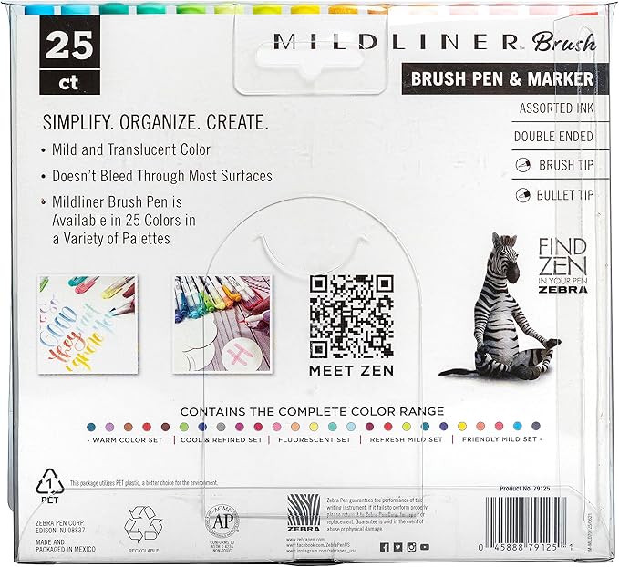 Zebra Pen Mildliner Double Ended Brush Pen, Brush and Point Tips, Assorted Ink Colors, 25-Pack, Multicolor (79125)