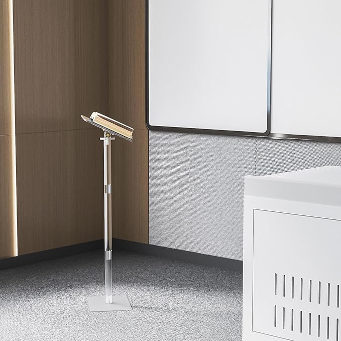 HMYHUM Small Acrylic Podium Stand, Angle Adjustable, 15.7" L x 11.8" W x 42.3" H, Modern Lecterns & Pulpits for Classroom, Concert, Church, Speech, Easy Assembly, Metal Base, Clear