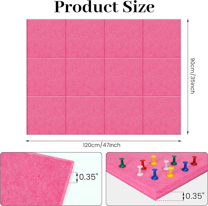 Felt Bulletin Board Felt Wall Tiles 12 Pack- 47"x35" Large Cork Board/Cork Tiles Alternative Safe Removable Felt Boards for Walls Felt Board for Office Felt Pin Board Pink