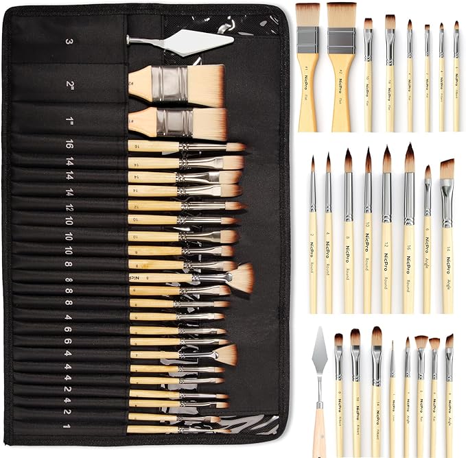 Nicpro 26pcs Paint Brush Set, Professional Paintbrushes with Palette Knife and Cloth Roll, Artist Paint Brushes for Acrylic Painting, Oil, Watercolor & Gouache, Adults Kids Art Painting Tools Supplies