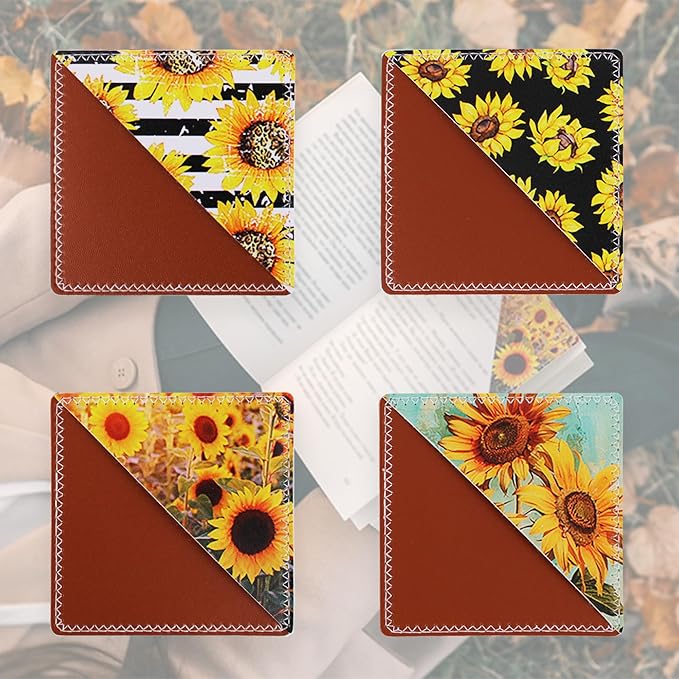 4 Pieces Leather Bookmarks, Cute Book Accessories for Reading Lovers, Page Markers for Women Men Kids Students Teachers Retirement Birthday Gift (Sunflower)