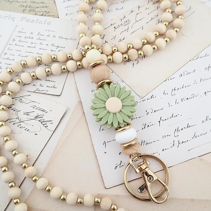 Wooden Teacher Lanyards for Id Badge Cute Flower Wood and Gold Beaded Lanyards for Women for Nurse Badge
