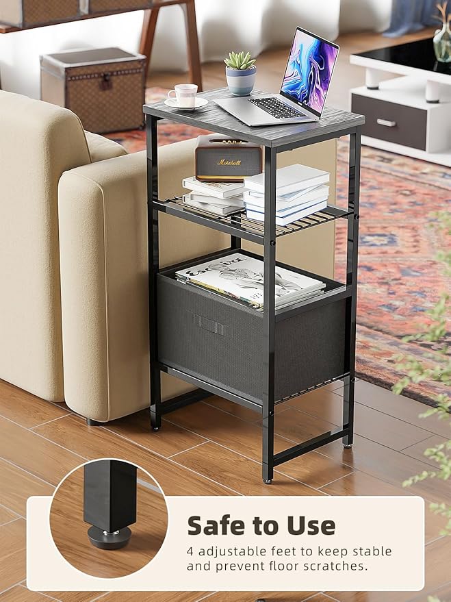 Printer Stand with Drawer Storage, 3 Tier - Heavy Duty Metal Shelving Unit with Wood Desktop, Industrial Printer Side Table with Wheels for Scanner Fax Machine, Black