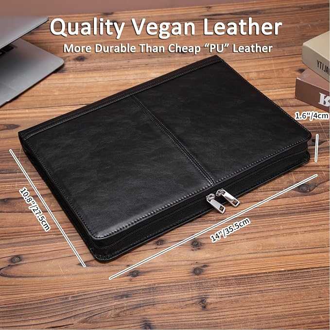 Personalized Leather Portfolio with 3 Ring Binder, Vegan Leather Padfolio Zippered, A4 Notebook Holder Customized Business Folder Organizer Gift for Men and Women, Black