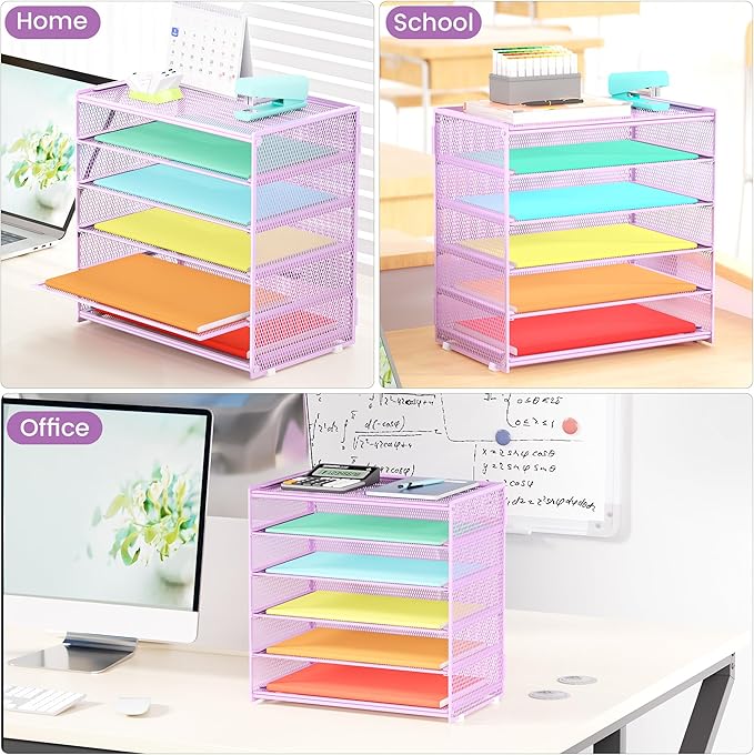 6 Tier Paper Organizer, Metal Mesh Desk File Organizer, Letter Tray Organizer, Paper Sorter Desk Organizer for Office, Home or School File Folder Holder - Purple