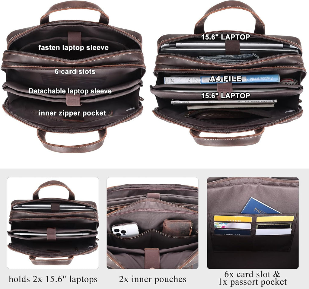 Masa Kawa Leather Briefcase for Men 15.6" - 17" Laptop Computer Case Business Travel Work Messenger Cross Body Shoulder Bag