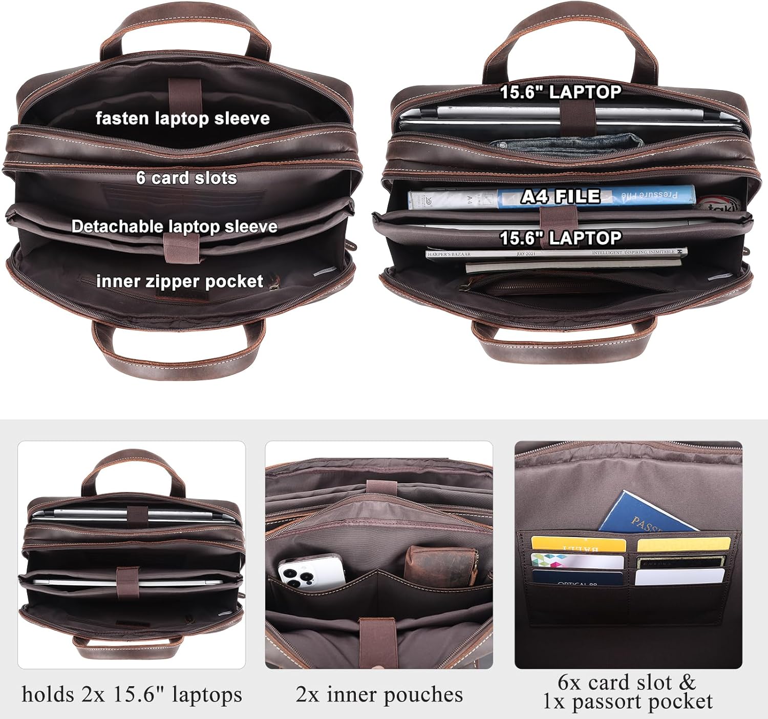 Masa Kawa Leather Briefcase for Men 15.6" - 17" Laptop Computer Case Business Travel Work Messenger Cross Body Shoulder Bag