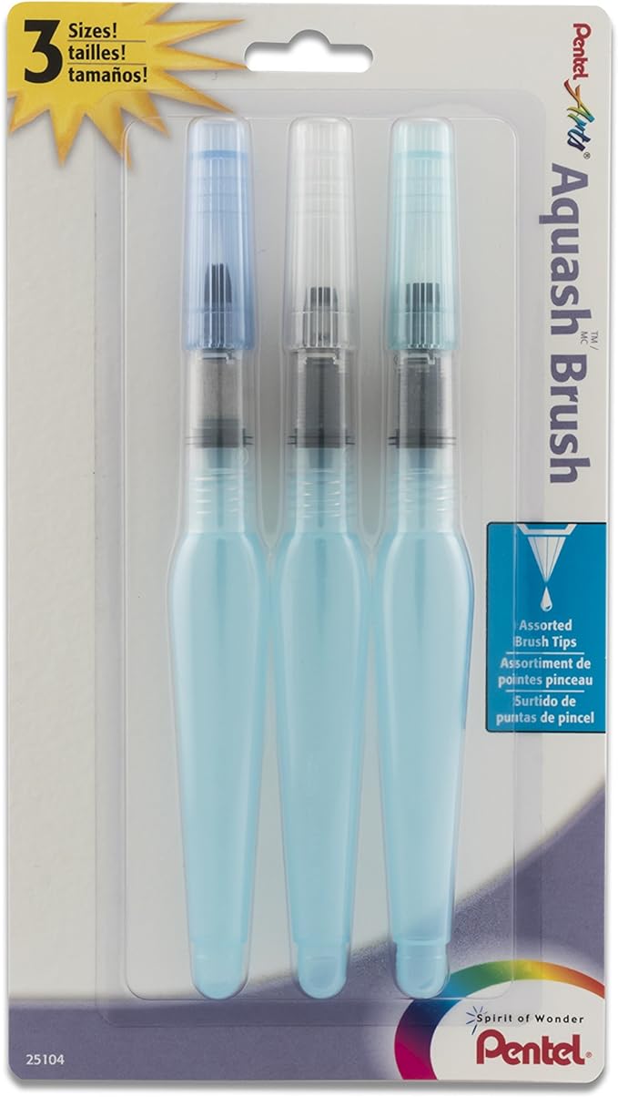 Pentel Arts Aquash Water Brush Assorted Tips, Pack of 3 (FRHBFMBP3)