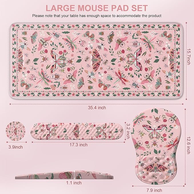 iLeadon Pink Large Desk Mat for Keyboard and Mouse,Ergonomic Massage Wrist Rest Set for Computer Keyboard,Big Flora Mouse Pad XXL+Cup Coaster with Non-Slip Base for Women Home Office,Pink Insect