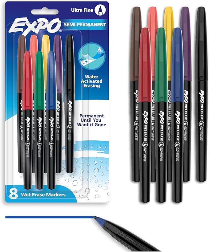 EXPO Vis-a-Vis Wet Erase Marker Set, Fine Tip, Assorted Colors, 8 Count