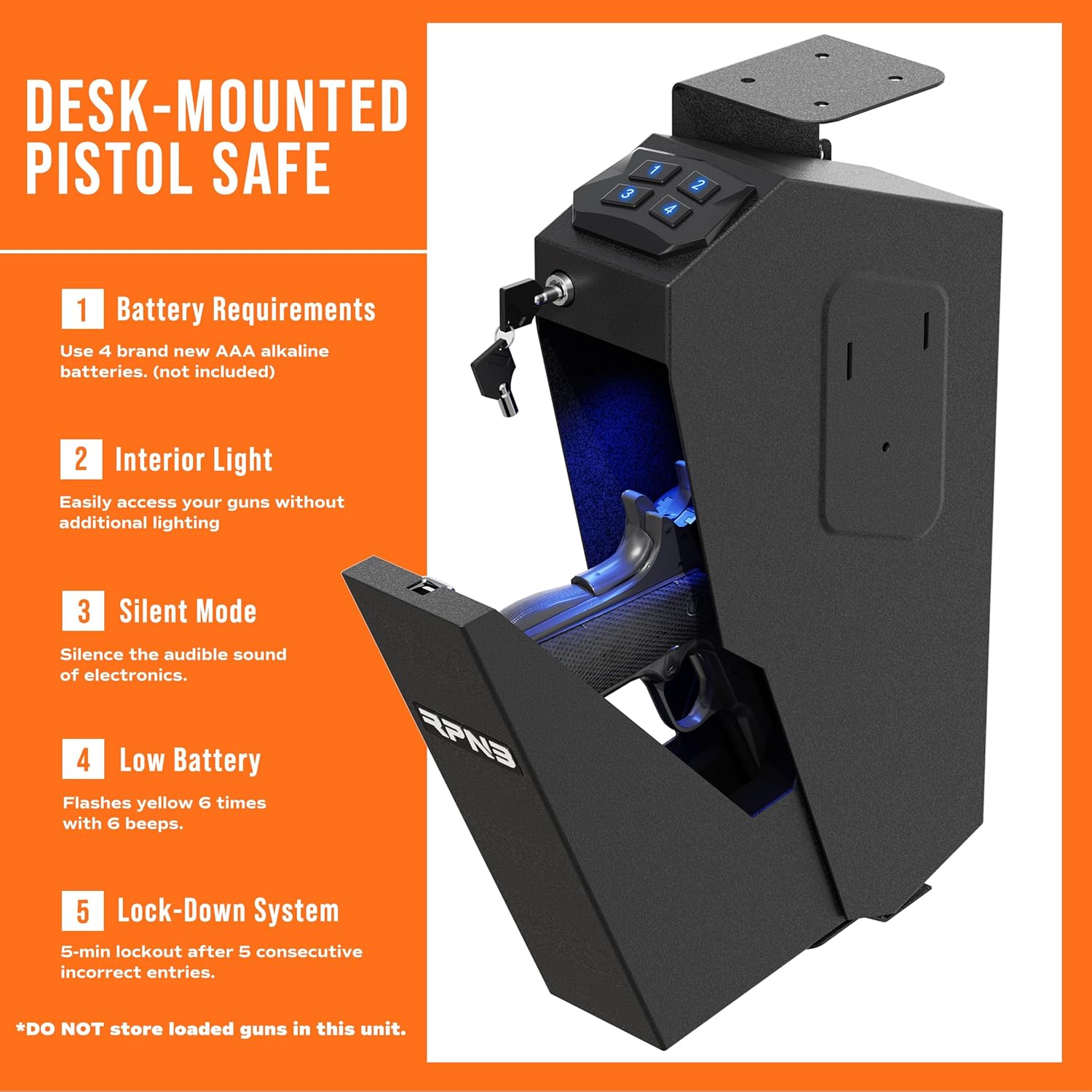 RPNB Mounted Gun Safe,California DOJ Certified Handgun Safe, Auto Open Lid Smart Pistol Safe with Biometric Fingerprint or Keypad Lock