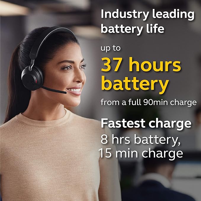 Jabra Evolve2 65 MS Wireless Headset with Link380a, Mono, Black – Wireless Bluetooth Headset for Calls and Music, 37 Hours of Battery Life, Passive Noise Cancelling Headphones