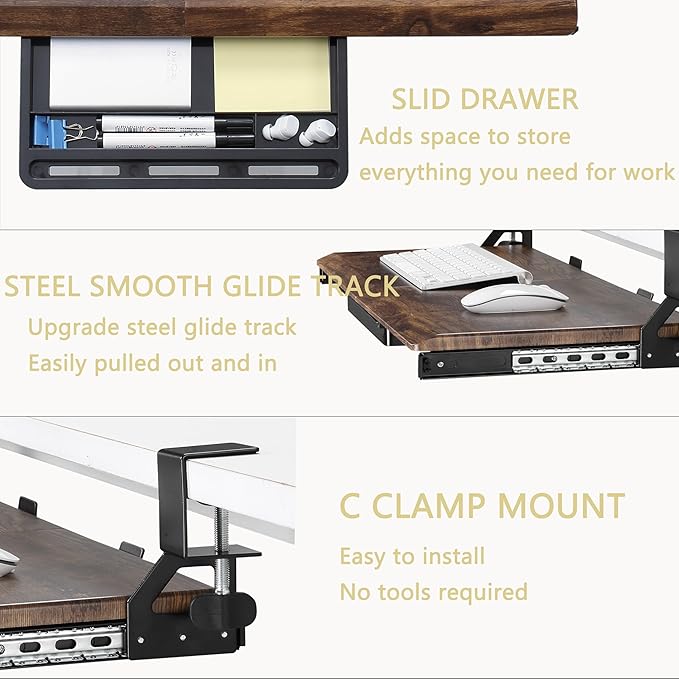 ETHU Keyboard Tray Under Desk, 26.77" X 11.81" Large Size Keyboard Tray with C Clamp-on Mount Easy to Install, Computer Keyboard Stand, Ergonomic Keyboard Tray for Home and Office (Wood)